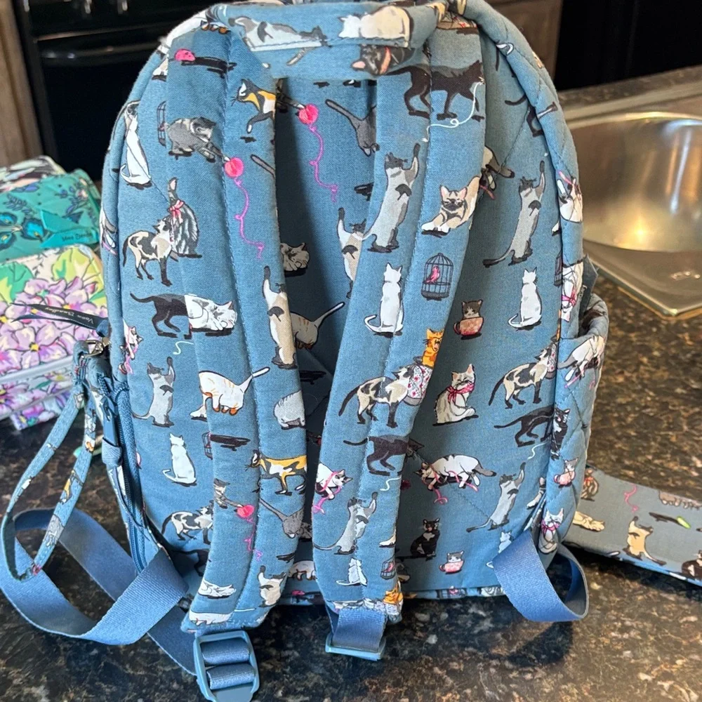 Vera Bradley Blue Cat Print Quilted Backpack with Pouch. MINI BACKPACK - Picture 3 of 10